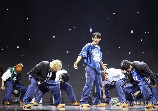 K-pop boy group AHOF performs a song during a media showcase for its debut album, "Who We Are," in Seoul on July 1, 2025. (Yonhap)