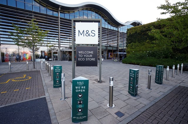 A Marks and Spencer (M&S) logo is seen on the outside of a store in Cheshire, Britain  August 18, 2020. REUTERS/Jason Cairnduff/File Photo