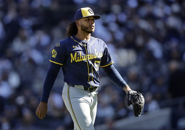 NEW YORK, NEW YORK - MARCH 27: (NEW YORK DAILIES OUT) Freddy Peralta #51 of the Milwaukee Brewers in action against the New York Yankees during Opening Day at Yankee Stadium on March 27, 2025 in New York City. The Yankees defeated the Brewers 4-2.