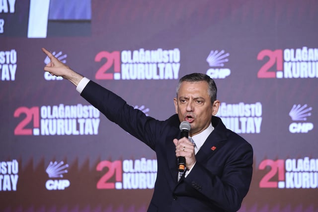 FILE - Republican People's Party or (CHP) leader Ozgur Ozel delivers a speech during a CHP convention, in Ankara, Sunday, April 6, 2025. (AP Photo/Ali Unal, File)