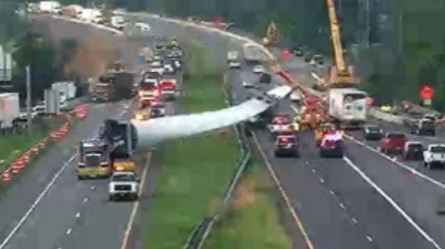 Traffic was brought to a halt in Maryland as the blade of a wind turbine fell across multiple lanes of Interstate 70 on the morning of Monday, June 30.
