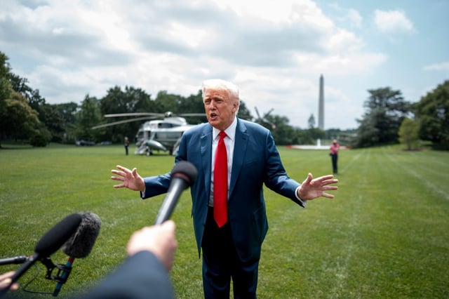 President Donald Trump makes remarks about Gov. Gavin Newsom of California  as he arrives at the White House in Washington, on Monday, June 9, 2025. California leaders demanded that President Trump withdraw troops from Los Angeles, after police scuffled with crowds protesting the administration’s immigration crackdown. (Doug Mills/The New York Times)