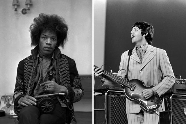 From left: American singer and guitarist Jimi Hendix in 1970; and British musician Paul McCartney playing on stage during The Beatles&#39;, last tour in 1966.