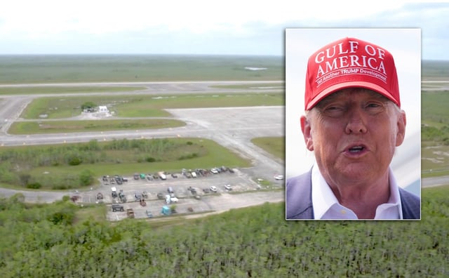 President Trump (inset) Tuesday toured a remote Florida detention camp for undocumented immigrants branded &#34;Alligator Alcatraz&#34; that he hopes to turn into a symbol of his controversial mass deportation effort.. (Courtesy of the Office of Attorney General James Uthmeier via AP; AP Photo/Evan Vucci)