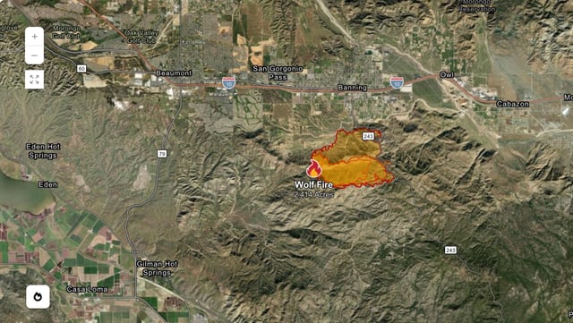A map from CAL FIRE shows the perimeters of the Wolf Fire in Riverside County. It is burning south of I-10.