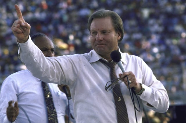 TV evangelist Jimmy Swaggart holding huge crowd spellbound, preaching at Flora Blanca Stadium.    (Photo by Cindy Karp/Getty Images)