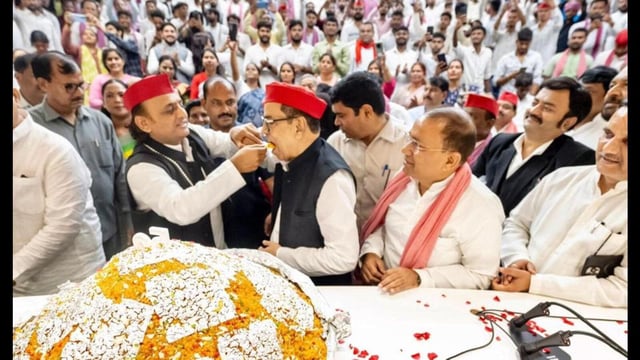 At the party headquarters in Lucknow, celebrations peaked as thousands of supporters gathered to greet the SP chief, who cut a 52-kg laddu cake. (Sourced)