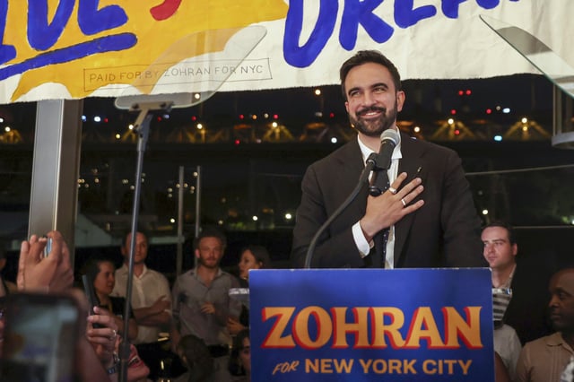 Democratic mayoral candidate Zohran Mamdani takes the stage at his primary election party on June 24, 2025, in New York. 