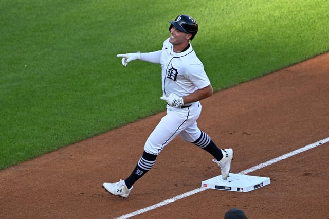 Jun 29, 2025; Detroit, Michigan, USA; Detroit Tigers right fielder Kerry Carpenter (30) celebrates after hitting a solo home run against the Minnesota Twins in the first inning at Comerica Park. Mandatory Credit: Lon Horwedel-Imagn Images/File Photo