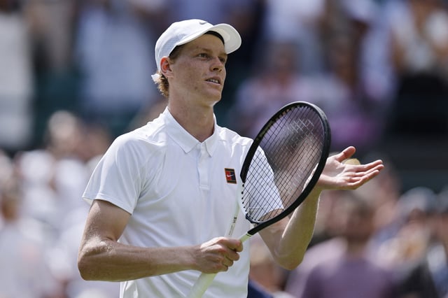 Tennis - Wimbledon - All England Lawn Tennis and Croquet Club, London, Britain - July 1, 2025 Italy's Jannik Sinner celebrates winning his first round match against Italy's Luca Nardi REUTERS/Stephanie Lecocq