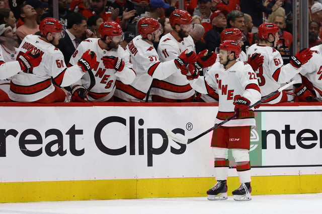 May 6, 2025; Washington, District of Columbia, USA; Carolina Hurricanes center Logan Stankoven (22) celebrates with teammates after scoring a goal against the Washington Capitals in the third period in game one of the second round of the 2025 Stanley Cup Playoffs at Capital One Arena. Mandatory Credit: Geoff Burke-Imagn Images/File Photo
