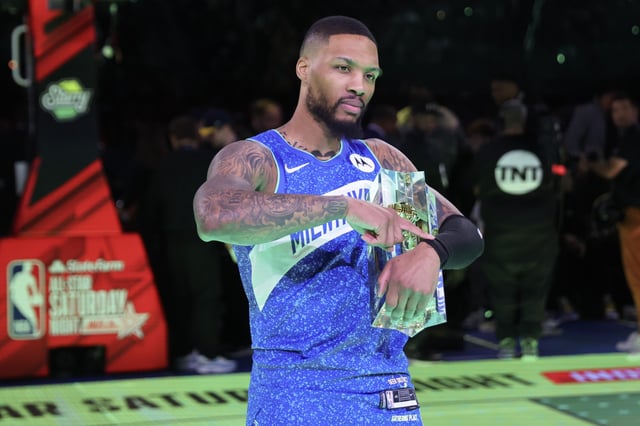 Damian Lillard #0 of the Milwaukee Bucks celebrates after winning the 2024 Starry 3-Point Contest during the State Farm All-Star Saturday Night at Lucas Oil Stadium on February 17, 2024 in Indianapolis, Indiana.