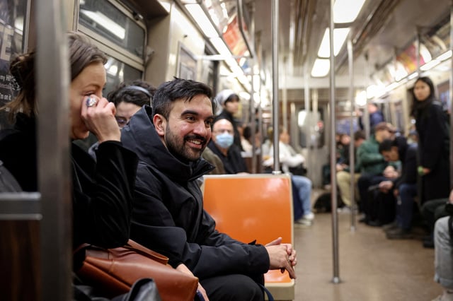 Candidate for New York City mayor Zohran Mamdani rides the subway following a campaigning stop in New York City, U.S., April 1, 2025.  REUTERS/Brendan McDermid/File Photo