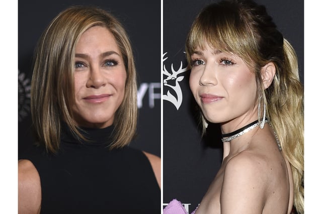 Jennifer Aniston appears at a screening of "The Morning Show" during PaleyFest, April 12, 2024, in Los Angeles, left, and Actor-author Jennette McCurdy appears at the Time100 Next list on Oct. 25, 2022, in New York. (AP Photo)