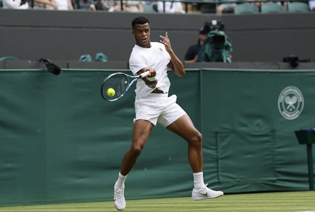 Tennis - Wimbledon - All England Lawn Tennis and Croquet Club, London, Britain - July 1, 2025 France's Giovanni Mpetshi Perricard in action during his first round match against Taylor Fritz of the U.S. REUTERS/Stephanie Lecocq
