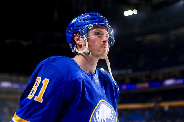 BUFFALO, NEW YORK – APRIL 15: Sam Lafferty #81 of the Buffalo Sabres warms up prior to an NHL game against the Toronto Maple Leafs on April 15, 2025 at KeyBank Center in Buffalo, New York. (Photo by Ben Ludeman/NHLI via Getty Images)
