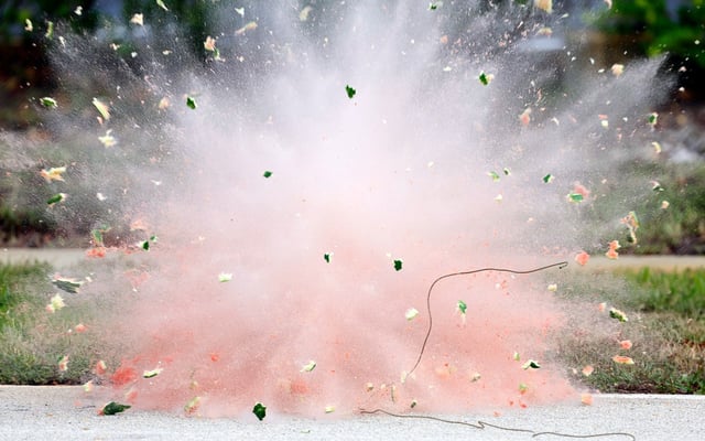 A watermelon is blown up during a fireworks safety demonstration at Fort Lauderdale Fire Station No. 53 on Tuesday, July 1, 2025. (Amy Beth Bennett / South Florida Sun Sentinel)