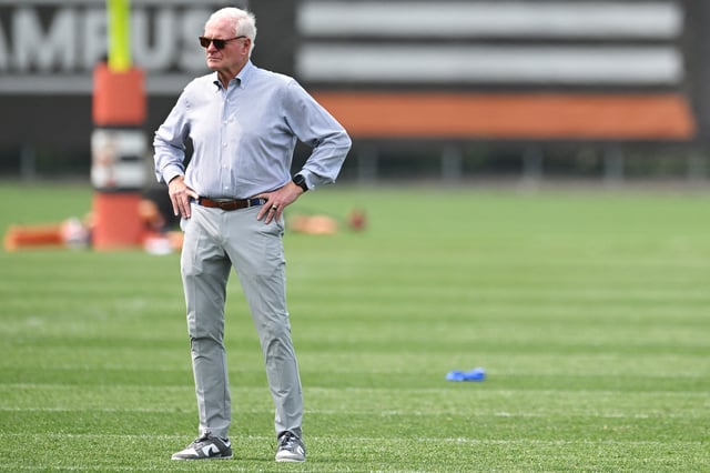 Jun 12, 2025; Berea, OH, USA; Cleveland Browns managing and principal partner Jimmy Haslam watches practice during mini camp at CrossCountry Mortgage Campus. Mandatory Credit: Ken Blaze-Imagn Images/File Photo