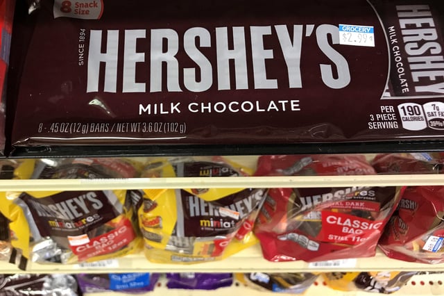Hershey's chocolates are pictured for sale on a store shelf in the Manhattan borough of New York City, New York, U.S. July 19, 2017.