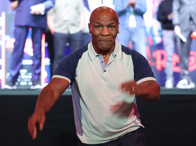 NEW YORK, NEW YORK - MAY 01: Former Heavyweight Champion Mike Tyson looks on at the Manhattan Center at the weigh in for the Fatal Fury fight card in Times Square on May 01, 2025 in New York City. (Photo by Al Bello/Getty Images)
