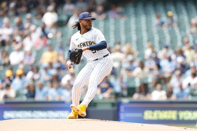 MILWAUKEE, WISCONSIN - JUNE 08: Freddy Peralta #51 of the Milwaukee Brewers throws a pitch in the first inning against the San Diego Padres at American Family Field on June 08, 2025 in Milwaukee, Wisconsin.