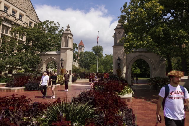 The Sample Gates seen from Kirkwood Avenue looking East on the First day of fall 2023 classes at Indiana University on AUGUST 21, 2023 in Bloomington, Indiana. Image for illustration purposes only.