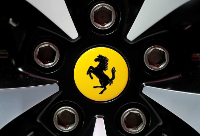The logo of Ferrari is pictured during the first press day of the Paris auto show, in Paris, France, October 2, 2018. REUTERS/Benoit Tessier/ File Photo