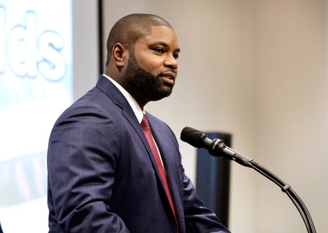 Congressman Byron Donalds, who is a Republican candidate for governor, speaks at Hilton Palm Beach Airport near West Palm Beach on Monday, June 30, 2025.  (Carline Jean/South Florida Sun Sentinel)