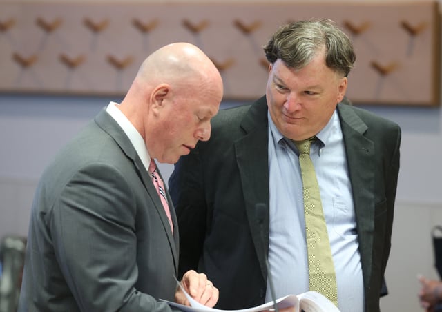 Alleged Gilgo Beach serial killer Rex Heuermann confers with his attorney Michael Brown inside Judge Tim Mazzei&#39;s courtroom during a frye hearing at Suffolk County Court on June 17, 2025 in Riverhead, New York.
