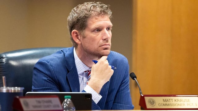 Matt Krause, the Tarrant County Commissioner for Precinct 3, listens to public comment during a Tarrant County Commissioners Court meeting at the Tarrant County Administration Building in Fort Worth on Tuesday, June 3, 2025. The approval for redistricting is on the agenda for the meeting and has been a controversial topic for the communities possibly affected.