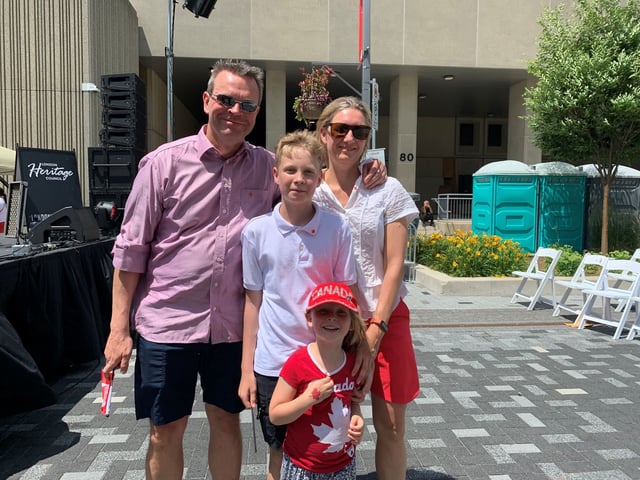  Lars Stentoft, left, Villy Stentoft, Petra Stentoft and Lene Stentoft at the Dundas Place citizenship ceremony on Canada Day, July 1, 2025. (Adshayah Sathiaseelan/London Free Press)