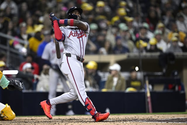 SAN DIEGO, CALIFORNIA - MARCH 28: Jurickson Profar #7 of the Atlanta Braves bats during the fourth inning against the San Diego Padres at Petco Park on March 28, 2025 in San Diego, California.