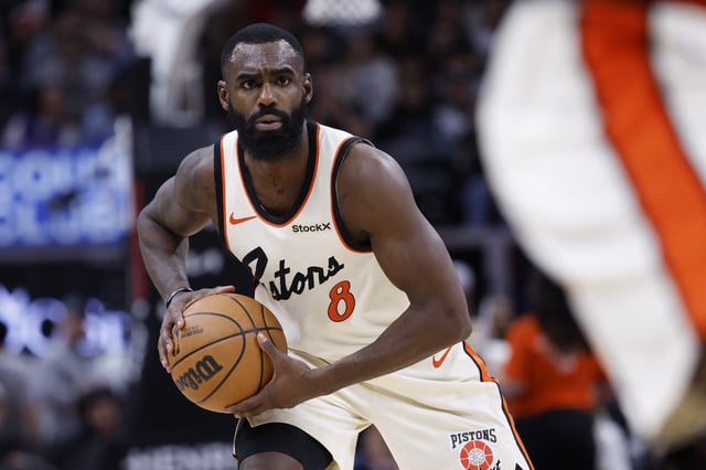 Apr 7, 2025; Detroit, Michigan, USA;  Detroit Pistons forward Tim Hardaway Jr. (8) dribbles in the second half against the Sacramento Kings at Little Caesars Arena. Mandatory Credit: Rick Osentoski-Imagn Images/File Photo