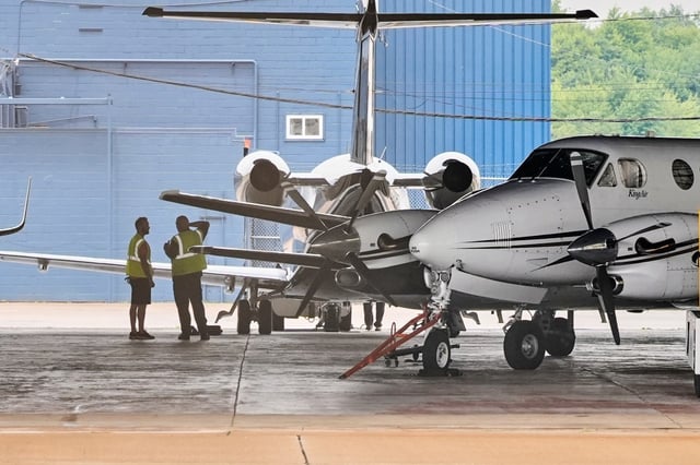 Jets are pictured at the Youngstown - Warren Regional Airport in Vienna, Ohio, Monday, June 30, 2025, where a day earlier a plane crashed on take off killing all onboard. (AP Photo/Sue Ogrocki)