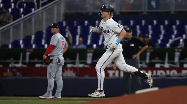 Kyle Stowers of the Miami Marlins rounds the bases after hitting a solo home run during the second inning against the Minnesota Twins at loanDepot park on Tuesday, July 1, 2025, in Miami. (Leonardo Fernandez/Getty Images/TNS)