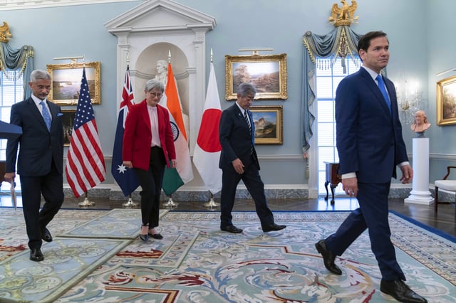 Secretary of State Marco Rubio, right, accompanied from left Indian External Affairs Minister Subrahmanyam Jaishankar, Australian Foreign Minister Penny Wong and Japanese Foreign Minister Iwaya Takeshi leave after speaking to the media during the Indo-Pacific Quad meeting at the State Department in Washington Tuesday, July 1, 2025. (AP Photo/Jose Luis Magana)