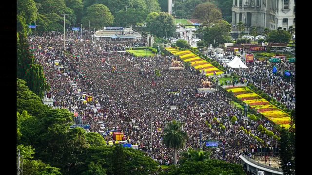 An aerial view of fans gathered during Royal Challengers Bengaluru’s felicitation ceremony after the team won the Indian Premier League (IPL) 2025, at Vidhana Soudha, in Bengaluru. (PTI)