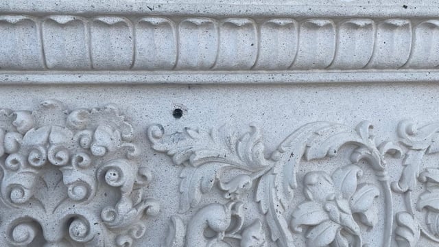 Bullet mark on a part of the ISKCON Sri Sri Radha Krishna Temple in Spanish Fork, Utah.