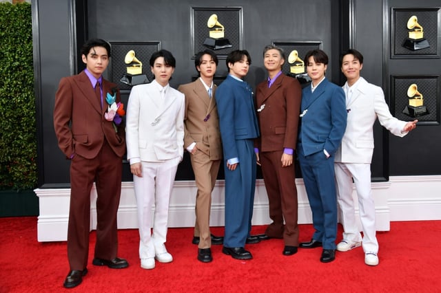 Le groupe sud-coréen de K-pop BTS, le 3 avril 2022 à Las Vegas lors des Grammy Awards