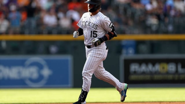 Hunter Goodman of the Colorado Rockies circles the bases after hitting a solo home run against the Houston Astros in the first inning at Coors Field on Tuesday, July 1, 2025, in Denver. (Matthew Stockman/Getty Images/TNS)