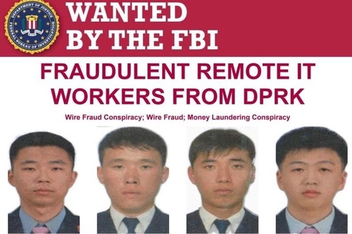 Four North Korean nationals wanted by the FBI for wire fraud and other charges are seen in a wanted poster in this image captured from the FBI's website on July 2, 2025. (PHOTO NOT FOR SALE) (Yonhap)