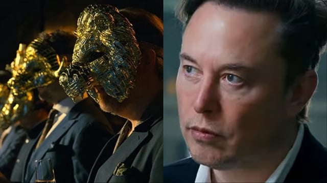 A screenshot featuring the VIPs in Squid Game and Elon Musk.
