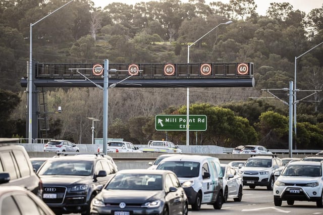 Smart Freeway Kwinana Freeway Northbound speed limit gantries during peak hour near Mill Point Road Exit. 
Simon Santi The West Australian