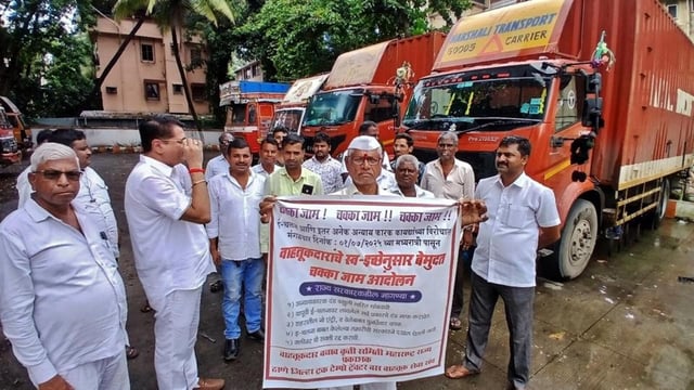 Heavy vehicle transporters are set to go on indefinite strike from 12 midnight Tuesday. Their main demands are that unjust fines should be stopped immediately and all types of fines imposed on e-challans should be waived. (Praful Gangurde / HT Photo)