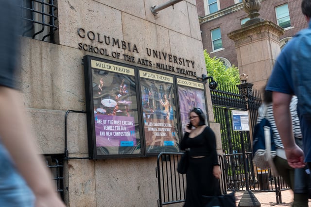 Pedestrians walk by Columbia University in Upper Manhattan on June 05, 2025.