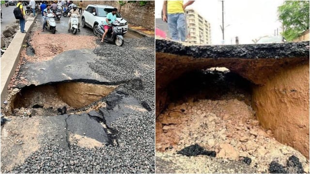 Gwalior road caved in 7 times in 15 days, two-member committee formed for investigation.  | Image: X