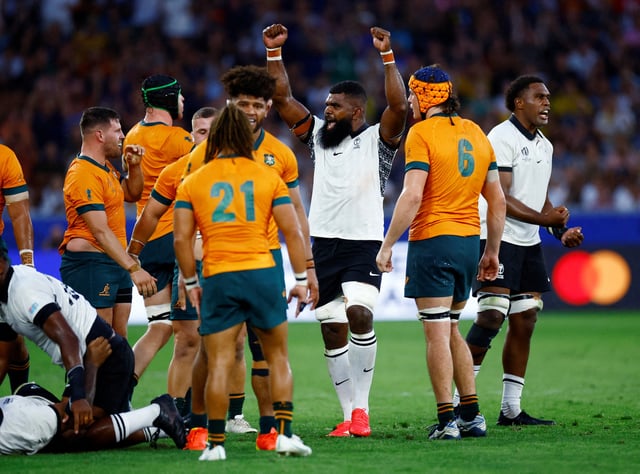 Rugby Union - Rugby World Cup 2023 - Pool C - Australia v Fiji - Stade Geoffroy-Guichard, Saint-Etienne, France - September 17, 2023  Fiji's Albert Tuisue celebrates at the end of the match REUTERS/Sarah Meyssonnier/File Photo
