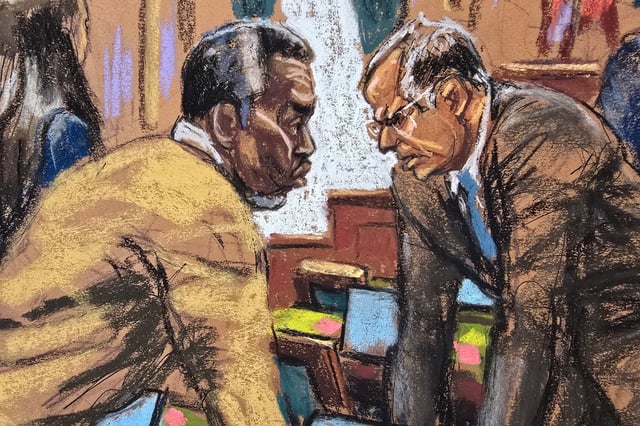 Sean "Diddy" Combs and his attorney Marc Agnifilo discuss how to respond to a new note sent by jurors, during Combs' sex trafficking trial in New York City, New York, U.S., July 1, 2025 in this courtroom sketch. REUTERS/Jane Rosenberg