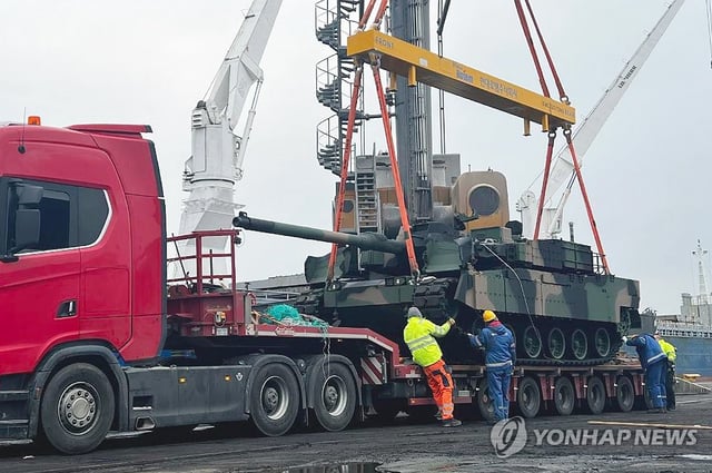 This photo, provided by Hyundai Rotem Co., shows the arrival of the South Korean arms maker's K2 battle tank in the Polish port city of Gdynia on March 20, 2024. The company said it has shipped 18 K2 tanks to Poland from March 12-20 under a contract to deliver a total of 180 units to the Eastern European country. (PHOTO NOT FOR SALE) (Yonhap)