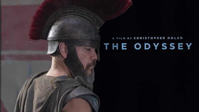 Matt Damon as Odysseus in The Odyssey and the logo